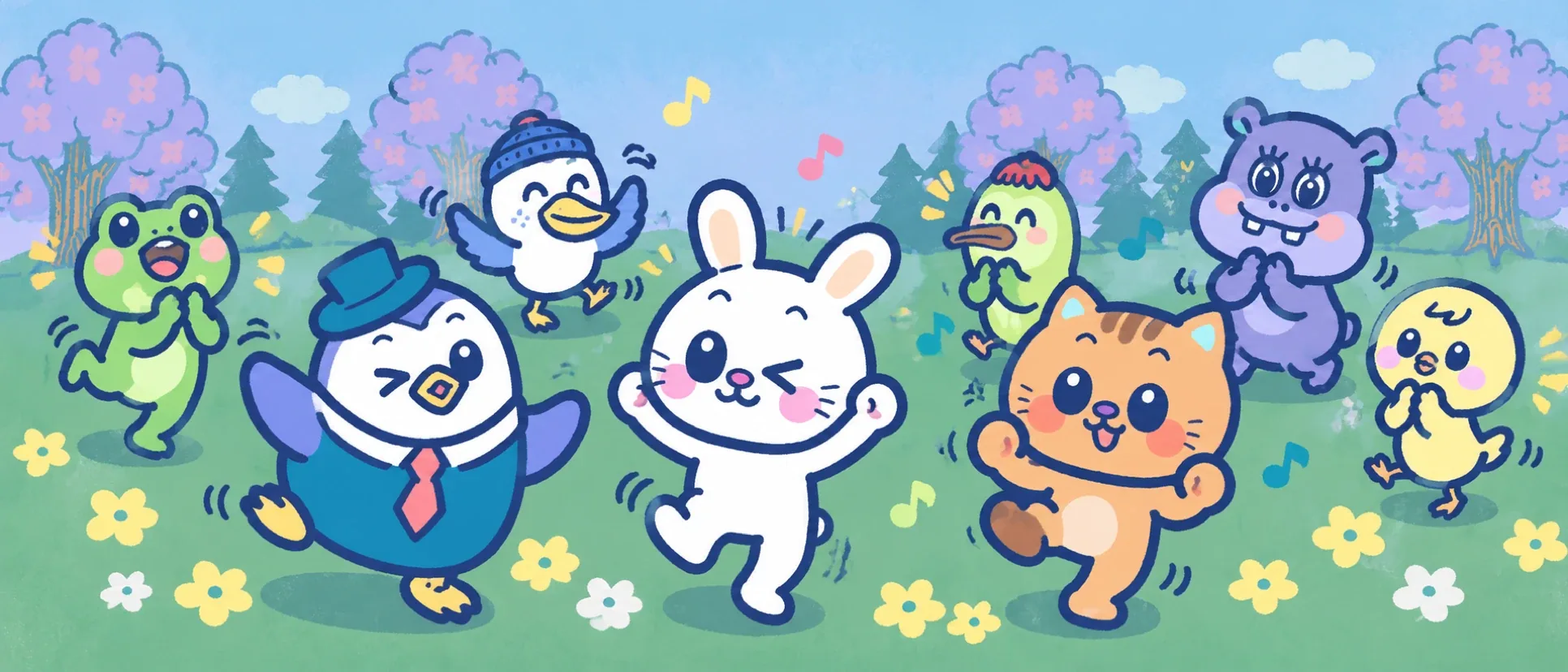 동물 댄서 대표 이미지: 토끼·고양이·펭귄·오리·개구리 등 귀여운 동물들이 꽃밭에서 춤추는 장면