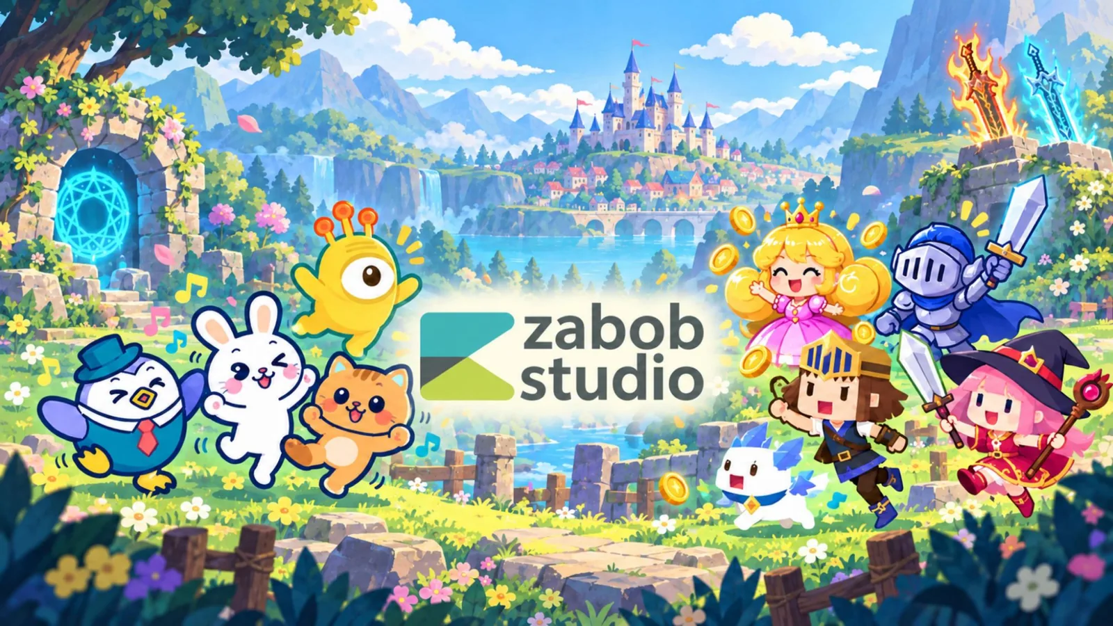 zabob studio 대표 이미지: 용사·공주·마법사와 귀여운 동물 댄서들이 성이 보이는 초원에서 함께 뛰노는 장면